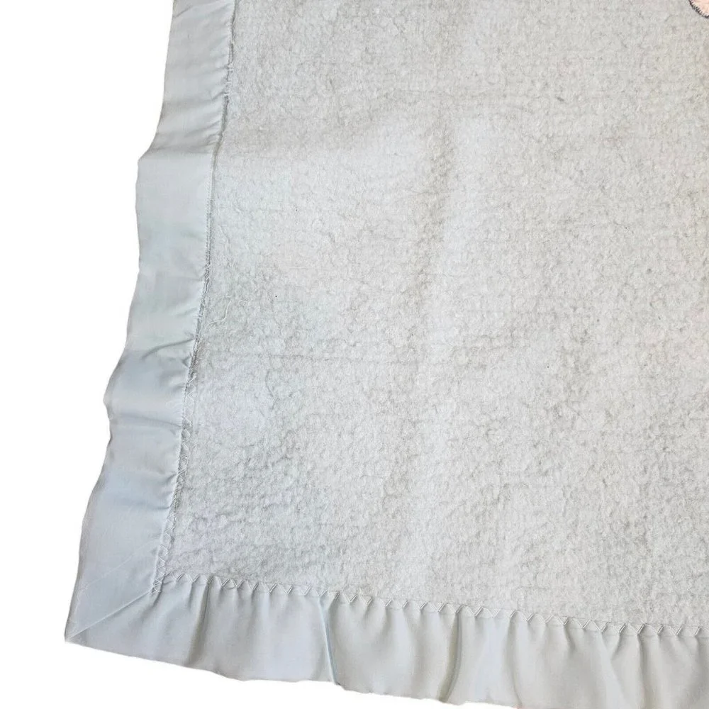 Quiltex Vintage Blue Acrylic Baby Blanket Teddy Bear Satin Trim 36 x 43”‎ ILGWU